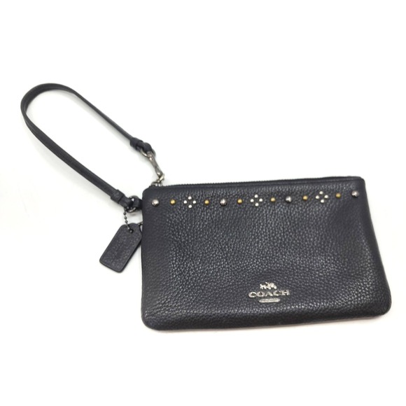 Coach Handbags - Coach Black Pebbled Leather Studded Wristlet‎ Clutch